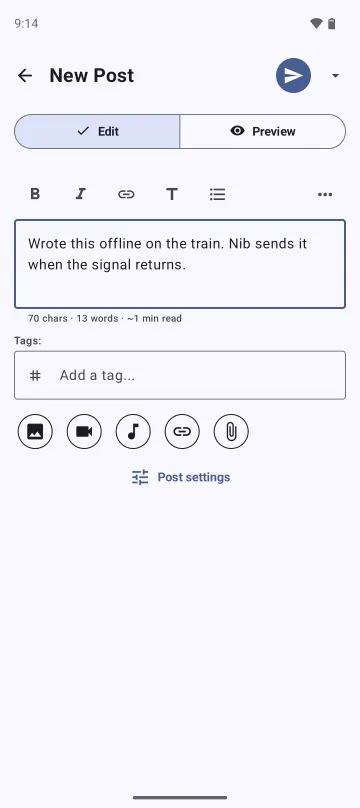 The composer with a short post written offline and the formatting bar
