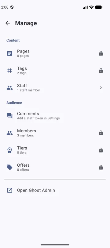 The Manage screen listing pages, tags, staff, comments, members, tiers and offers