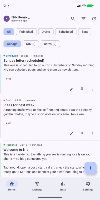 Nib's editorial timeline showing published, draft and scheduled posts