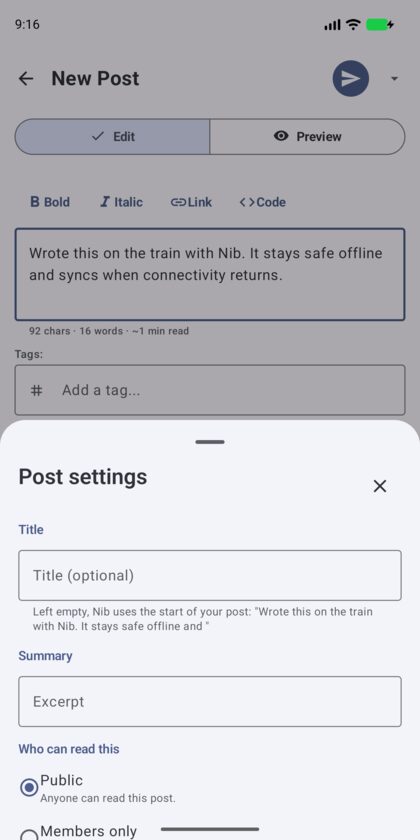Writing a post in Nib with post settings open