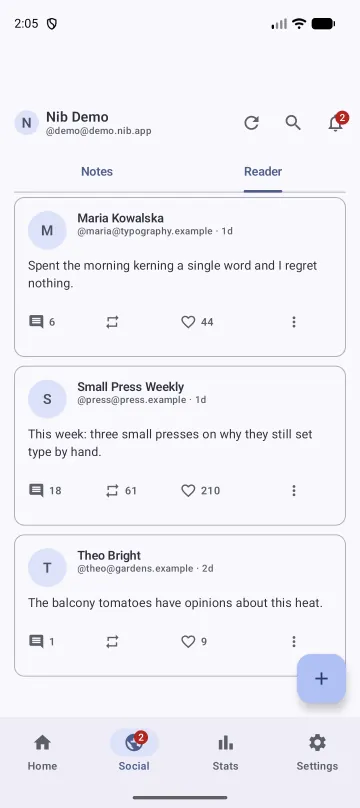 The Social Web reader showing notes from other fediverse accounts